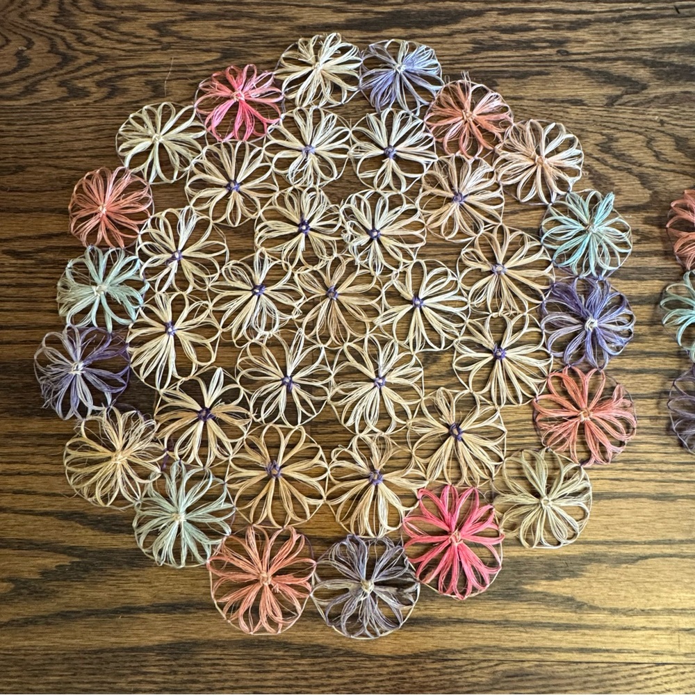 Vintage Straw Flower Set Doily 1970s Colorful Floral MCM Kitchen Decor